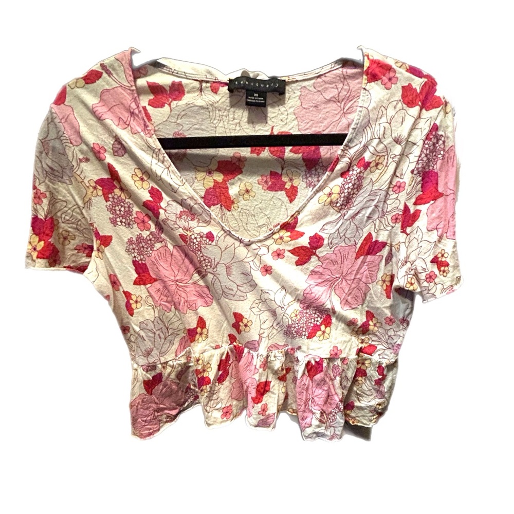 SANCTUARY Cropped Floral Tee Loose Fit With Frill Bottom